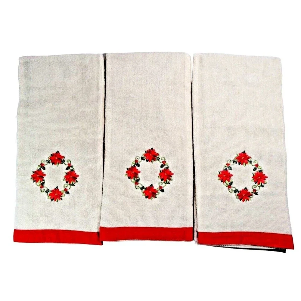 Poinsettia Hand Towels Cotton Embroidered Floral Red Green Holiday 3-pc Gift NEW